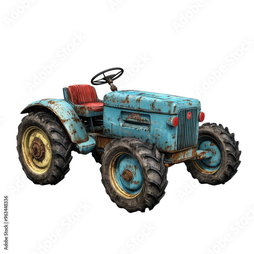 A blue tractor with a red seat and a red steering wheel. The tractor is old and rusty