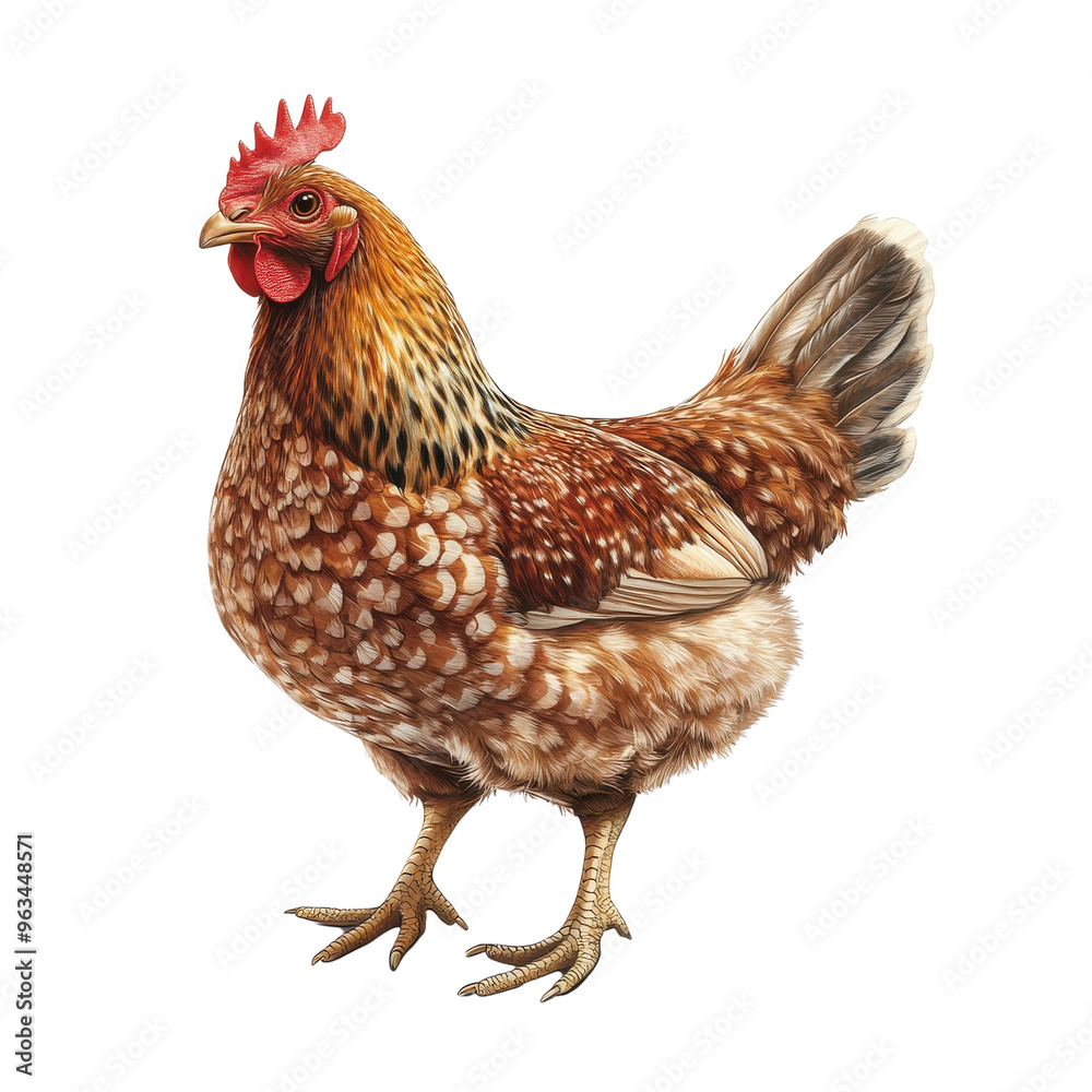 Fototapeta premium A chicken with a red comb stands on a white background