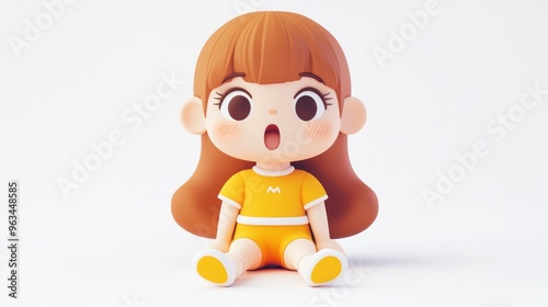 A cute cartoon girl doll with brown hair, sitting in a playful pose, wearing an orange outfit.