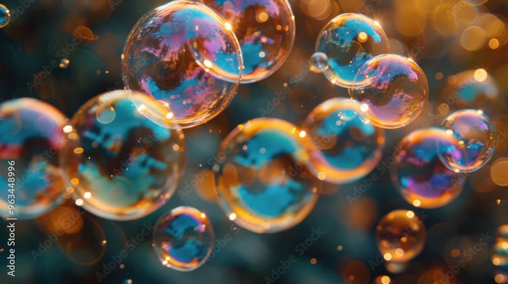Colorful Soap Bubbles Floating with Bokeh Effect Colorful Soap Bubbles Floating with Bokeh Effect