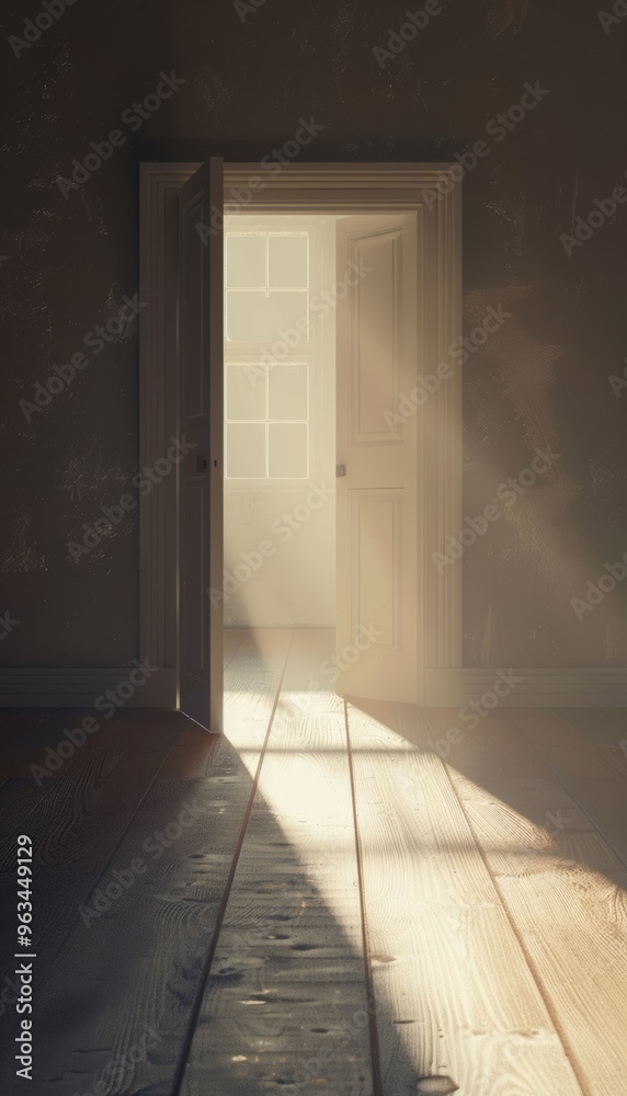 Empty room with sunlight streaming through an open door, symbolizing a new brainstorming concept Empty room with sunlight streaming through an open door, symbolizing a new brainstorming concept