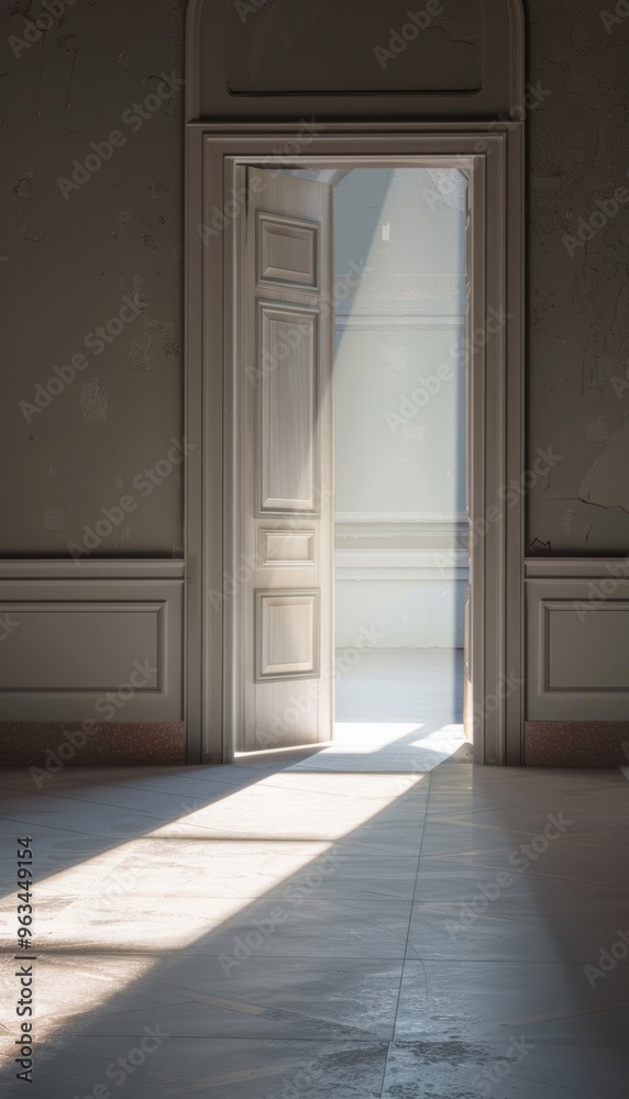 Empty room with sunlight streaming through an open door, symbolizing a new brainstorming concept Empty room with sunlight streaming through an open door, symbolizing a new brainstorming concept