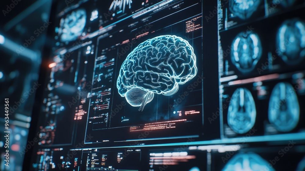 Close-up of a brain scan image displayed on a monitor, showing areas of ...