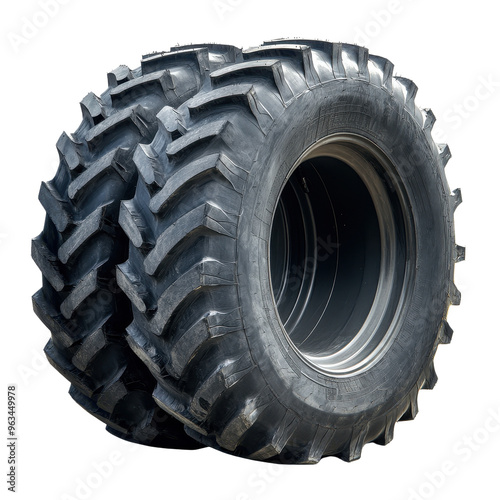 A large tire with a black rim. The tire is black and has a white stripe