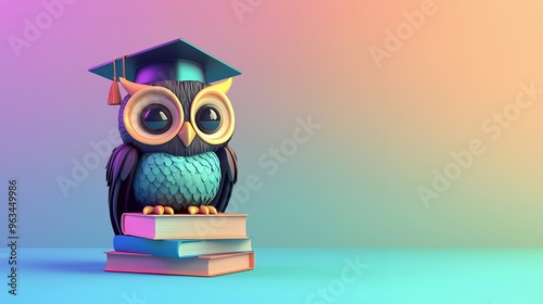 Cute cartoon owl wearing graduation cap sitting on colorful books on blue background.