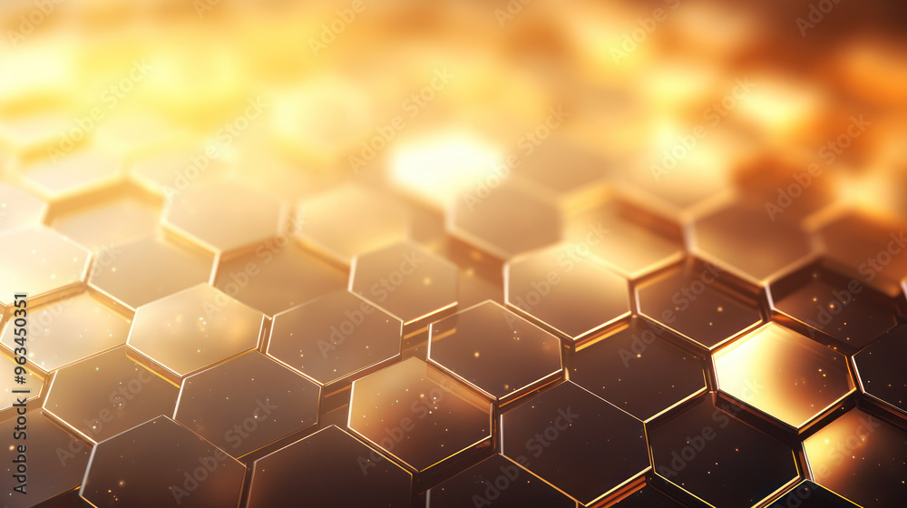 Gold hexagon background. Hexagonal shapes, honeycomb pattern. Aesthetic, elegant, warm and vibrant wallpaper. Luxury design.