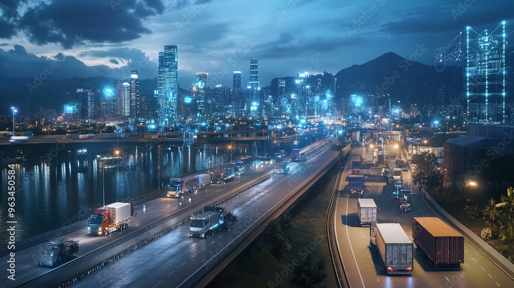 A smart logistics hub at night glowing IoT devices on buildings and trucks A smart logistics hub at night glowing IoT devices on buildings and trucks