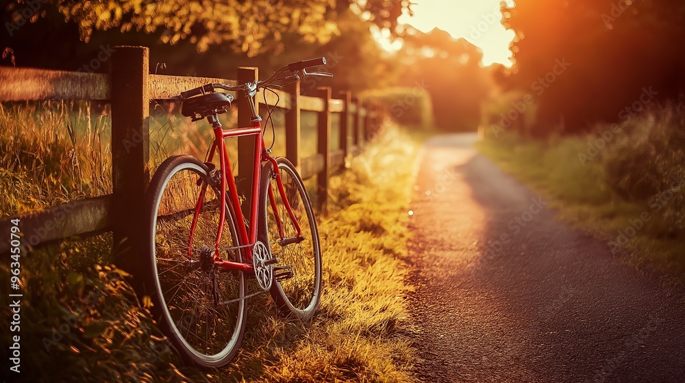 Obraz premium A red bicycle leans against a wooden fence with a sunset path in the background.