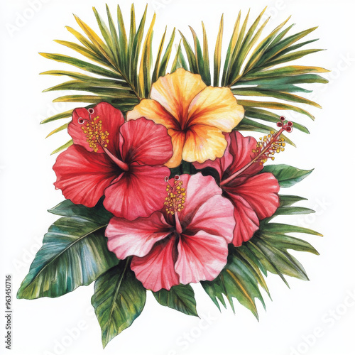 A hand drawn watercolor corsage tropical with hibiscus flowers isolated on a white background