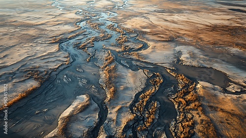 A birda??s eye view of a dried river delta with intricate patterns of dry channels and scattered vegetation struggling to survive. photo