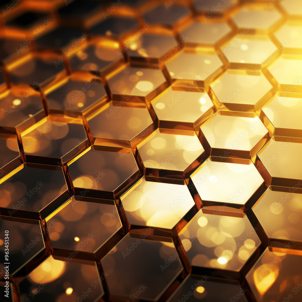 Gold hexagon background. Hexagonal shapes, honeycomb pattern. Aesthetic, elegant, warm and vibrant wallpaper. Luxury design.
