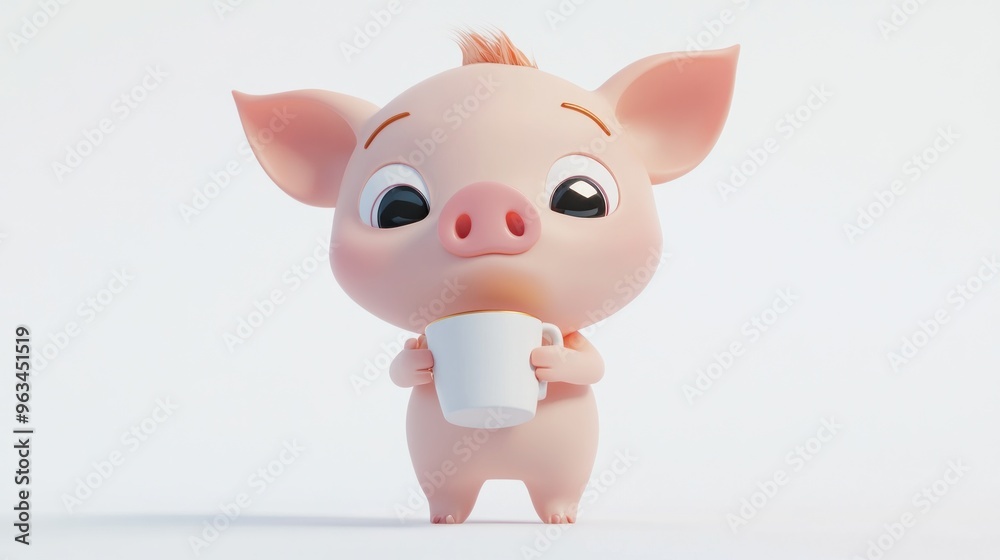 A cute cartoon piglet holding a cup, exuding charm and playfulness.