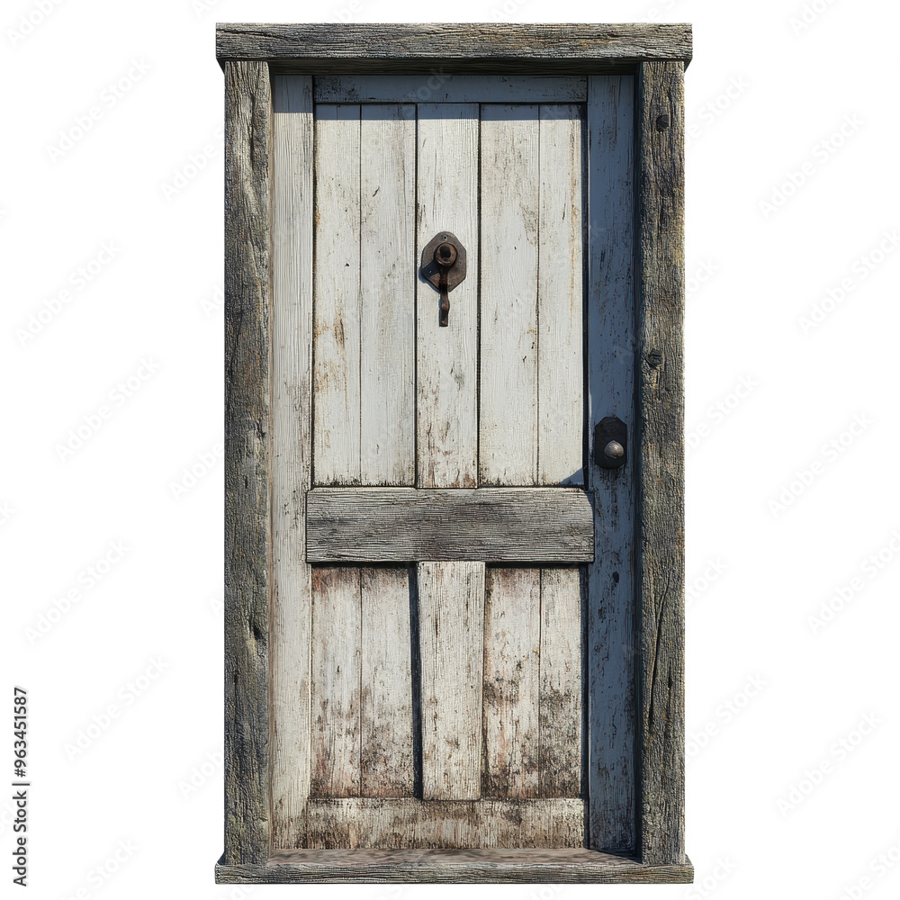 A white door with a rusty lock and a keyhole. The door is old and has a worn appearance A white door with a rusty lock and a keyhole. The door is old and has a worn appearance