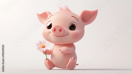 A cute cartoon piglet holding a flower, exuding joy and innocence.