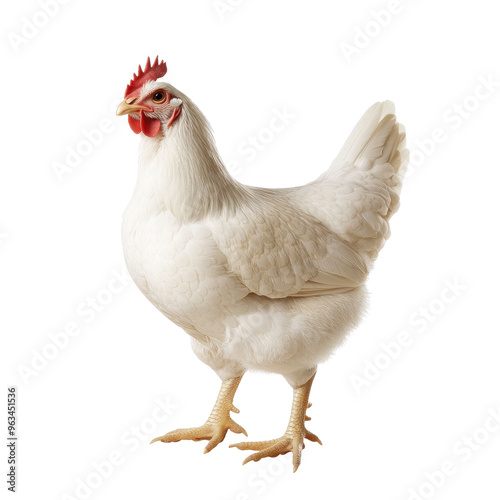 A white chicken stands on a white background. The chicken is looking to the right. The image has a calm and peaceful mood