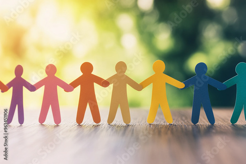 Diversity of people. Team of different people. Paper figures of people holding hands, different colors.