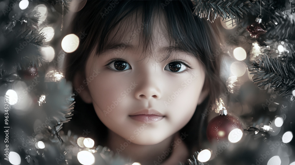 Little girl peeking through christmas tree lights Little girl peeking through christmas tree lights