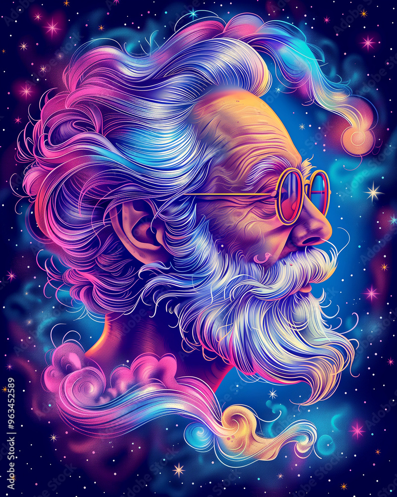 A man with a beard and glasses is depicted in a colorful space scene. The painting is a creative interpretation of the man's appearance, with the colors and patterns representing the vastness A man with a beard and glasses is depicted in a colorful space scene. The painting is a creative interpretation of the man's appearance, with the colors and patterns representing the vastness