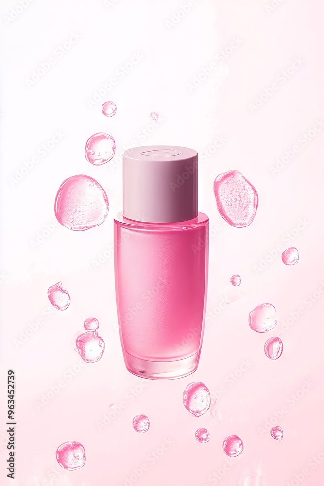 A bottle of pink liquid surrounded by bubbles on a pink background