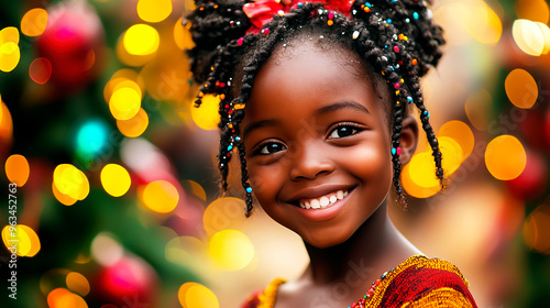Little girl smiling with christmas lights in background