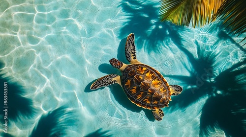 A turtle swimming in a pool with palm trees in the background photo