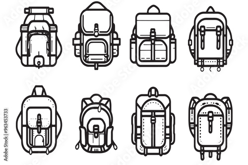 Set of eight hand-drawn minimalist backpack illustrations featuring unique designs for travel, hiking, adventure, and vector icons ideal for web, print, and branding on a clean white background.





