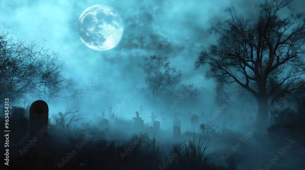 Full moon rising over a foggy graveyard with silhouetted tombstones and trees, creating a haunting and eerie atmosphere perfect for Halloween and horror-themed designs.
