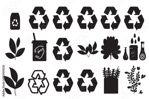 Set of eco-friendly recycling and sustainability icons including leaves, waste bins, and bottles promoting environmental awareness and zero waste lifestyle.

