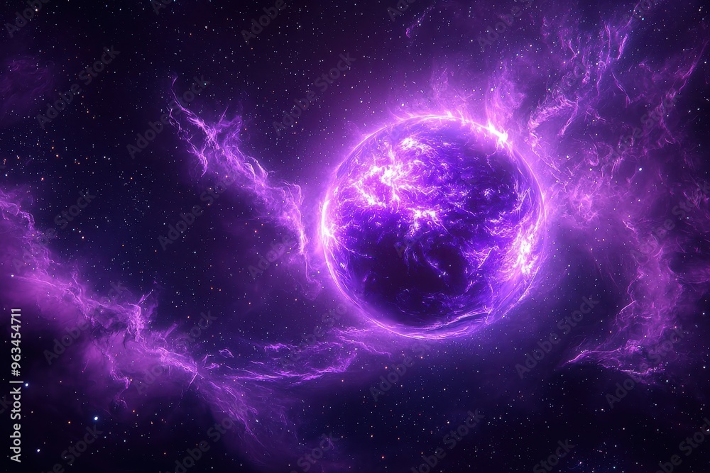Glowing purple planet in space surrounded by swirling cosmic clouds Glowing purple planet in space surrounded by swirling cosmic clouds