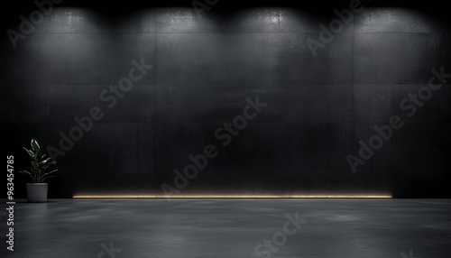 A sleek dark grey tiled wall with a small potted plant and an illuminated line of light at the base.