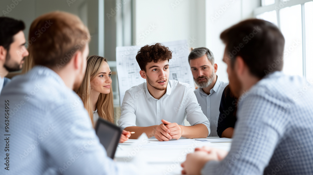In a corporate setting, a young designer shares new project concepts with his colleagues during a business meeting. The team, representing different ages and backgrounds, listens c In a corporate setting, a young designer shares new project concepts with his colleagues during a business meeting. The team, representing different ages and backgrounds, listens c