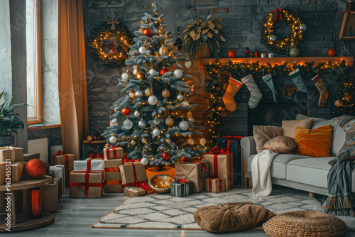Cozy Christmas living room with a beautifully decorated tree, sparkling lights, and colorful ornaments, surrounded by wreaths and wrapped gifts.. AI generated.