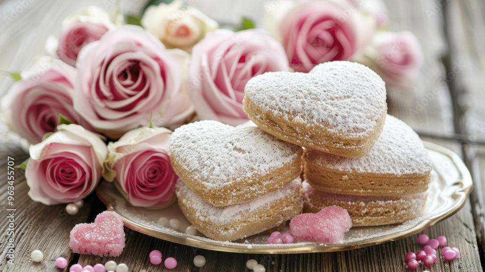 White biscuits covered with whipped icing and sugar decorations, surrounded by decorative roses and sprinkles create a sweet and romantic atmosphere. White biscuits covered with whipped icing and sugar decorations, surrounded by decorative roses and sprinkles create a sweet and romantic atmosphere.