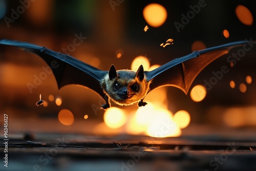 Bat swooping low above the campfire, catching insects in the glow of the flickering flames, its wings flapping silently in the night air