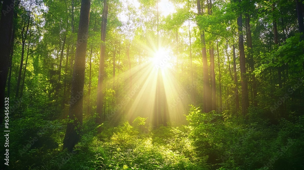 Obraz premium Bright morning light streaming through a forest