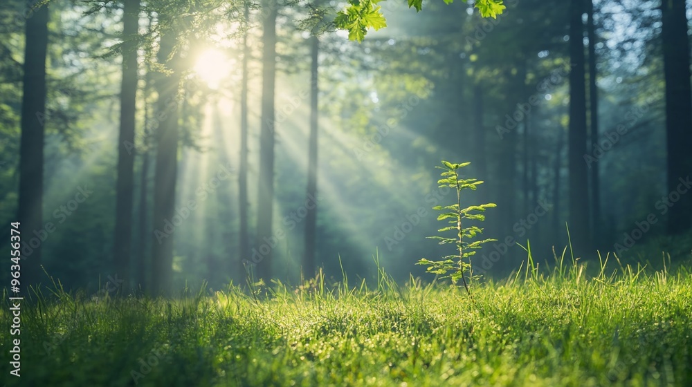Fototapeta premium Bright morning light streaming through a forest