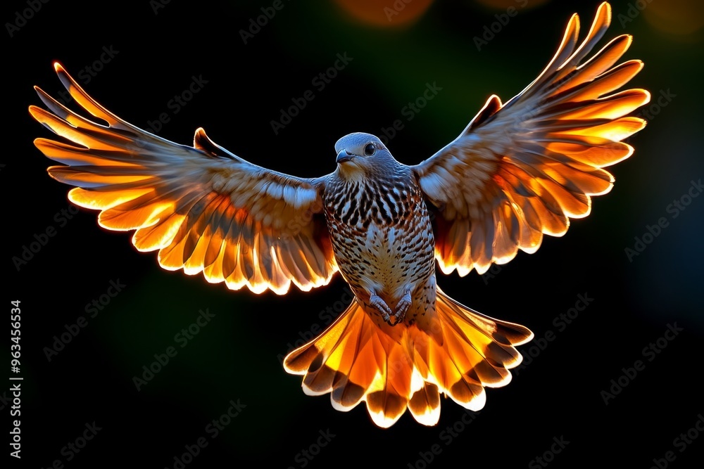 Bird catching the first light of dawn, wings glowing with a golden hue as it greets the new day, soaring above a waking world Bird catching the first light of dawn, wings glowing with a golden hue as it greets the new day, soaring above a waking world