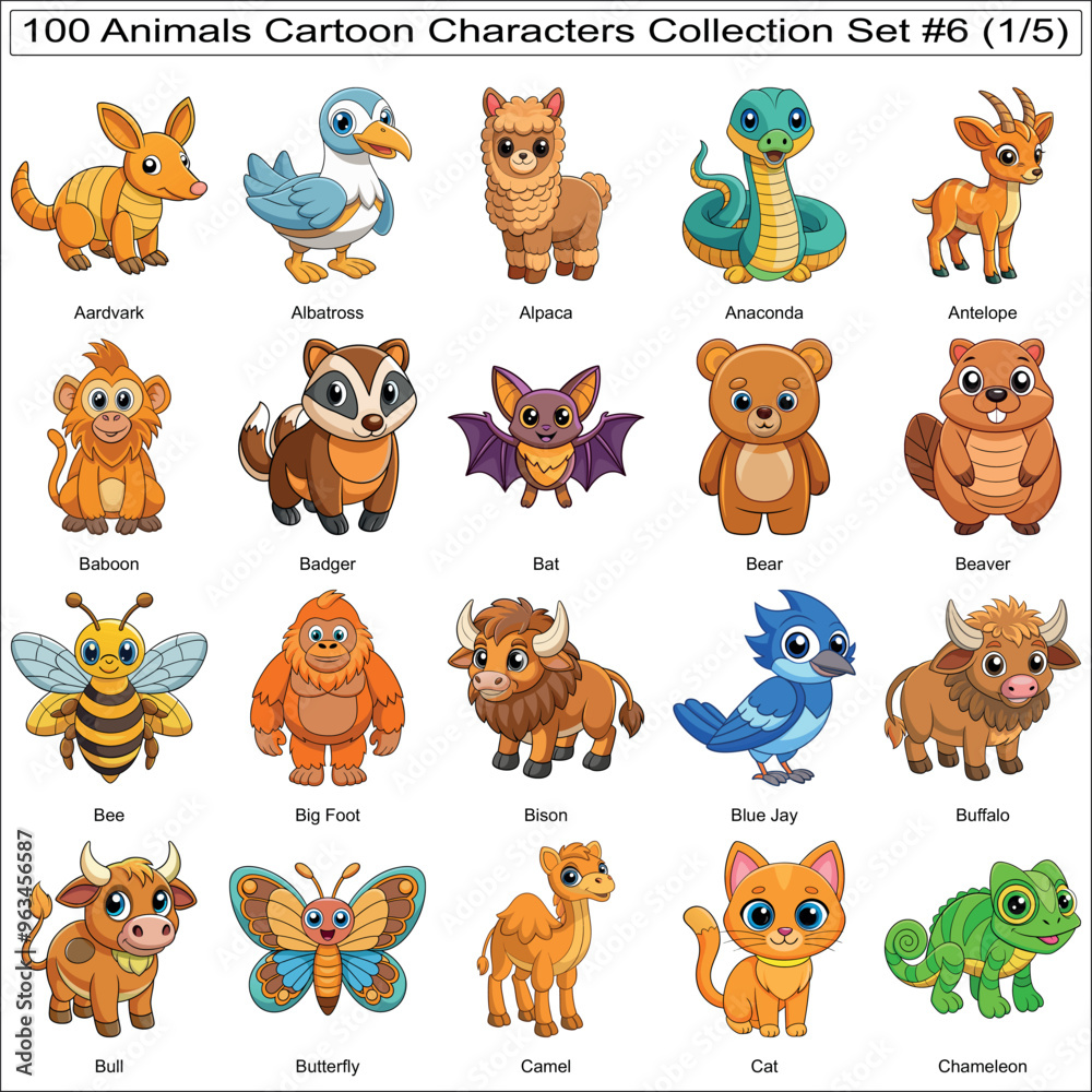 Obraz premium Animals Cartoon Characters Collection Set of 100 Isolated Animals Part 1