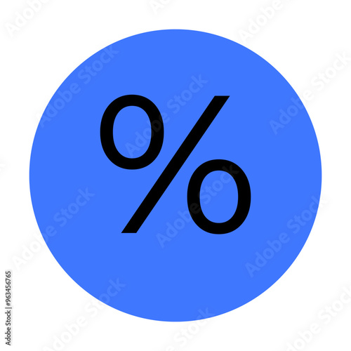 A black percentage symbol is centered on a blue circle background. Ideal for financial, discount, sale promotions, mathematics, and statistical analyses. Clean, simple, and modern design.