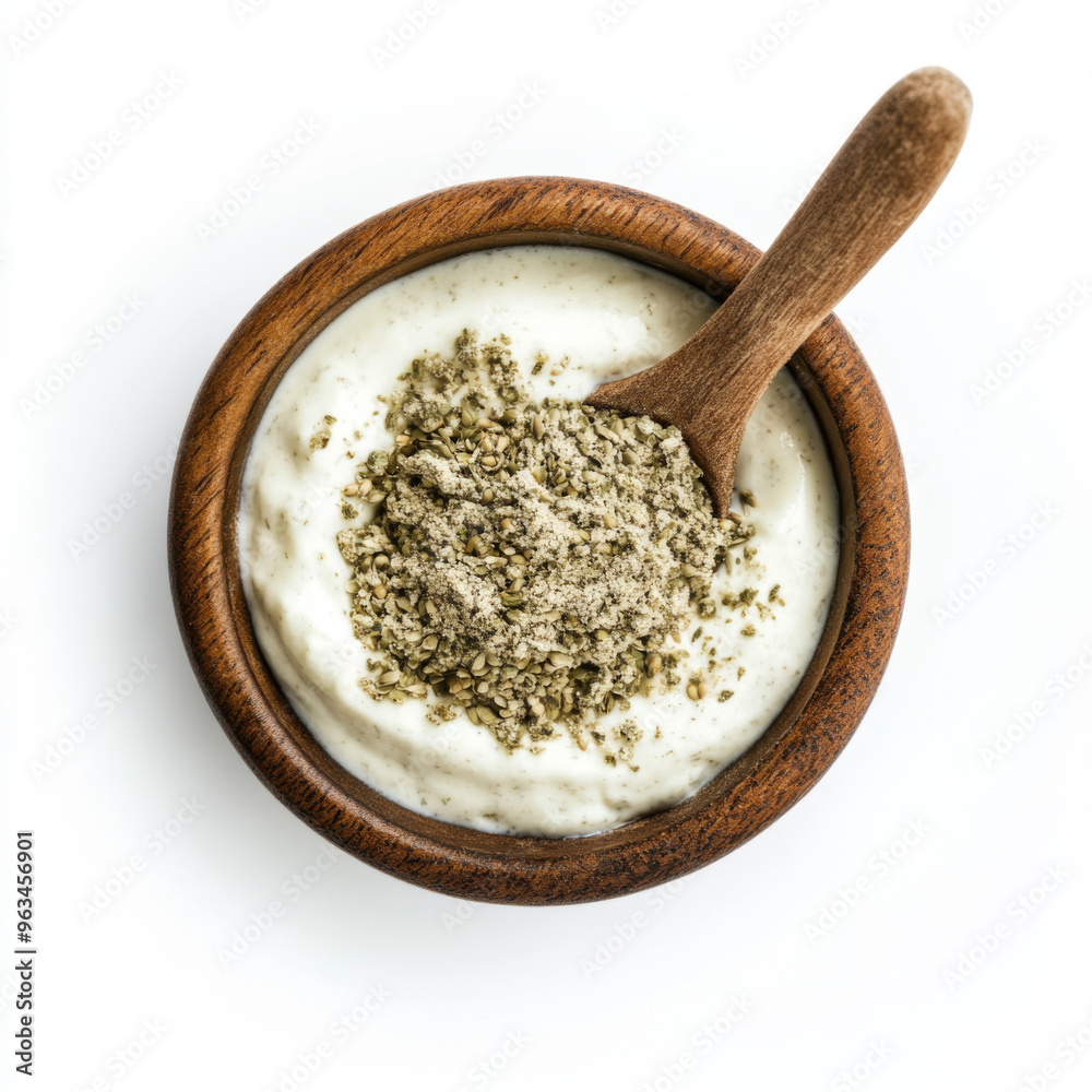 Hemp protein powder mixed in yogurt top view isolated on a white background Hemp protein powder mixed in yogurt top view isolated on a white background