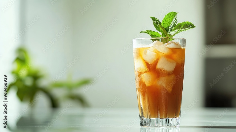 Glass of iced milk tea with a hint of caramel color, ice cubes floating, and a mint garnish, set on a reflective surface with a clean, white background