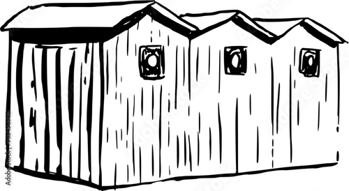 A line hand drawn sketch of a shed or beach hut in black and white. Perfect for wallpaper, template, banner, wall decor, print, postcard, cover. Vector illustration
