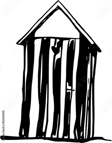 A line hand drawn sketch of a shed or beach hut in black and white. Perfect for wallpaper, template, banner, wall decor, print, postcard, cover. Vector illustration
