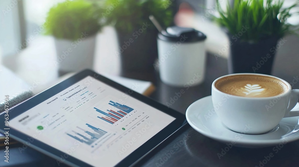 Business plan on a tablet screen with a coffee cup nearby