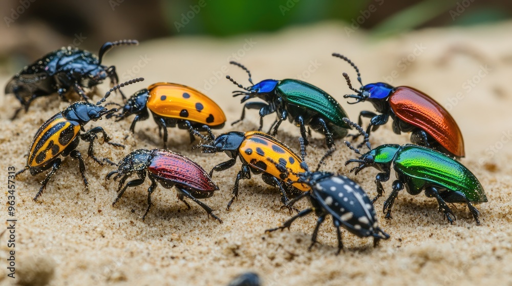 Group of beetles on a sandy surface, with a focus on their various ...