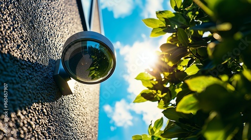 Security camera mounted on a textured wall with a bright sun and green foliage in the background. photo