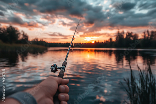 Fishing on the lake. Quiet rest. Fishing rod in hands FPV. Setting sun