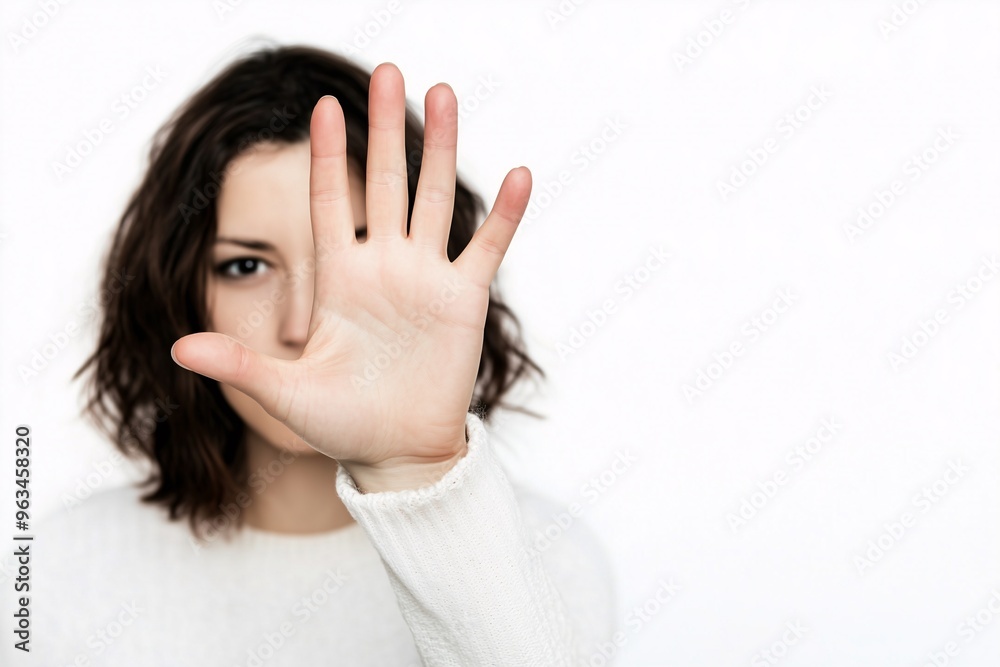 A woman making the stop gesture with her hand, emotional concept, rejection, shame and a request to stop, white background A woman making the stop gesture with her hand, emotional concept, rejection, shame and a request to stop, white background