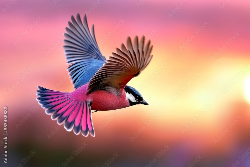 Obraz premium Bird flying at dawn, illuminated by the soft glow of the sunrise as it welcomes a new day, the sky painted in pastel hues