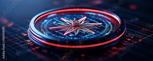 Compass embedded in a digital grid, representing navigation in the cyber realm, high-tech, neon-infused design, data-driven direction photo